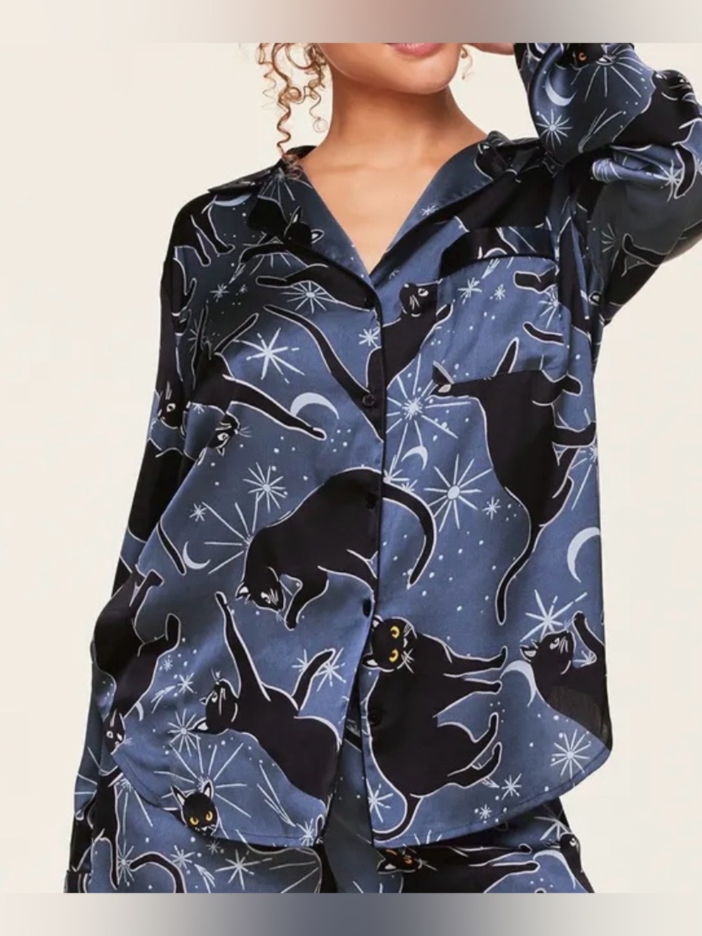 Adore Me Satin Long Sleeve Button Front Cat Graphic Print Pajama Top Sz L